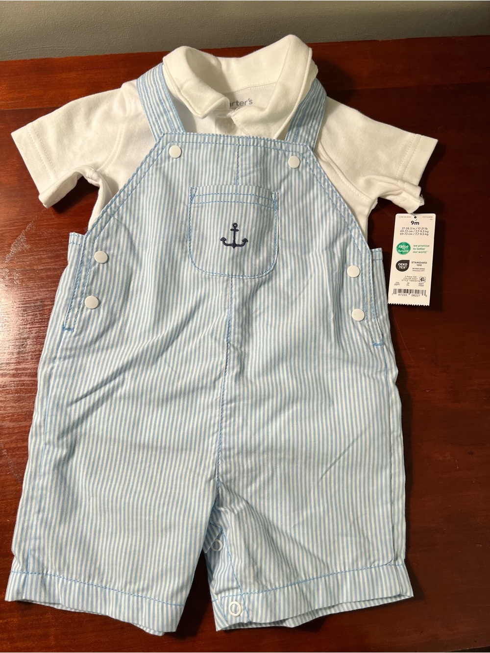 Carter's Light Blue & White Striped Anchor Shortalls with White Polo size 9 NWT